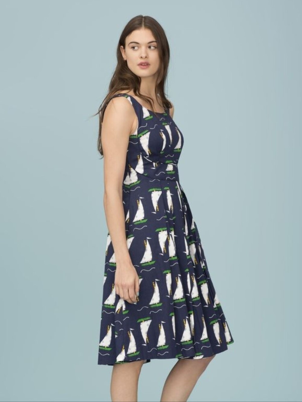 Emily And Fin Isobel Navy Sailboat Print Sleeveless Dress Size 16UK